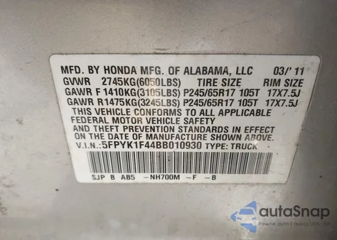 2011 Honda Ridgeline Rts from USA, damaged, VIN 5FPYK1F44BB010930